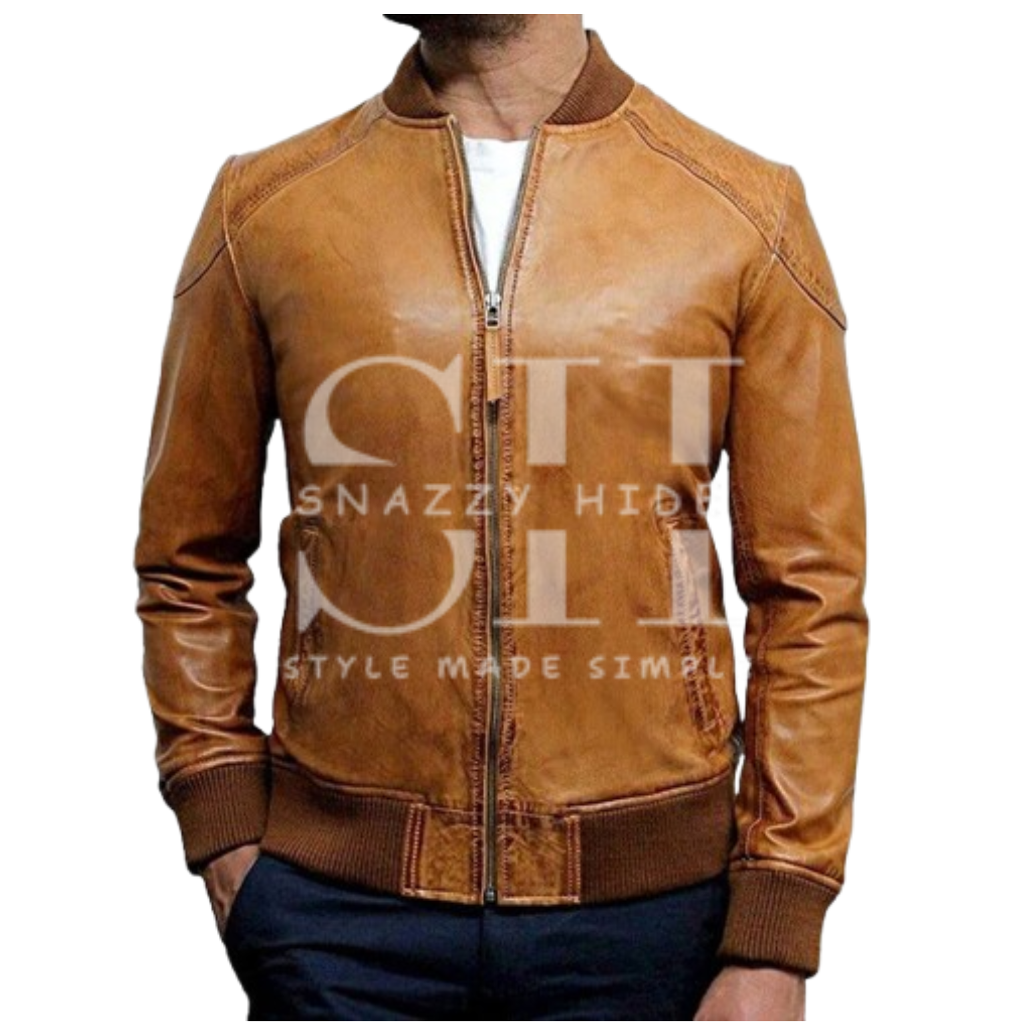 Men's Waxed Sheepskin Leather Bomber Jacket Brown