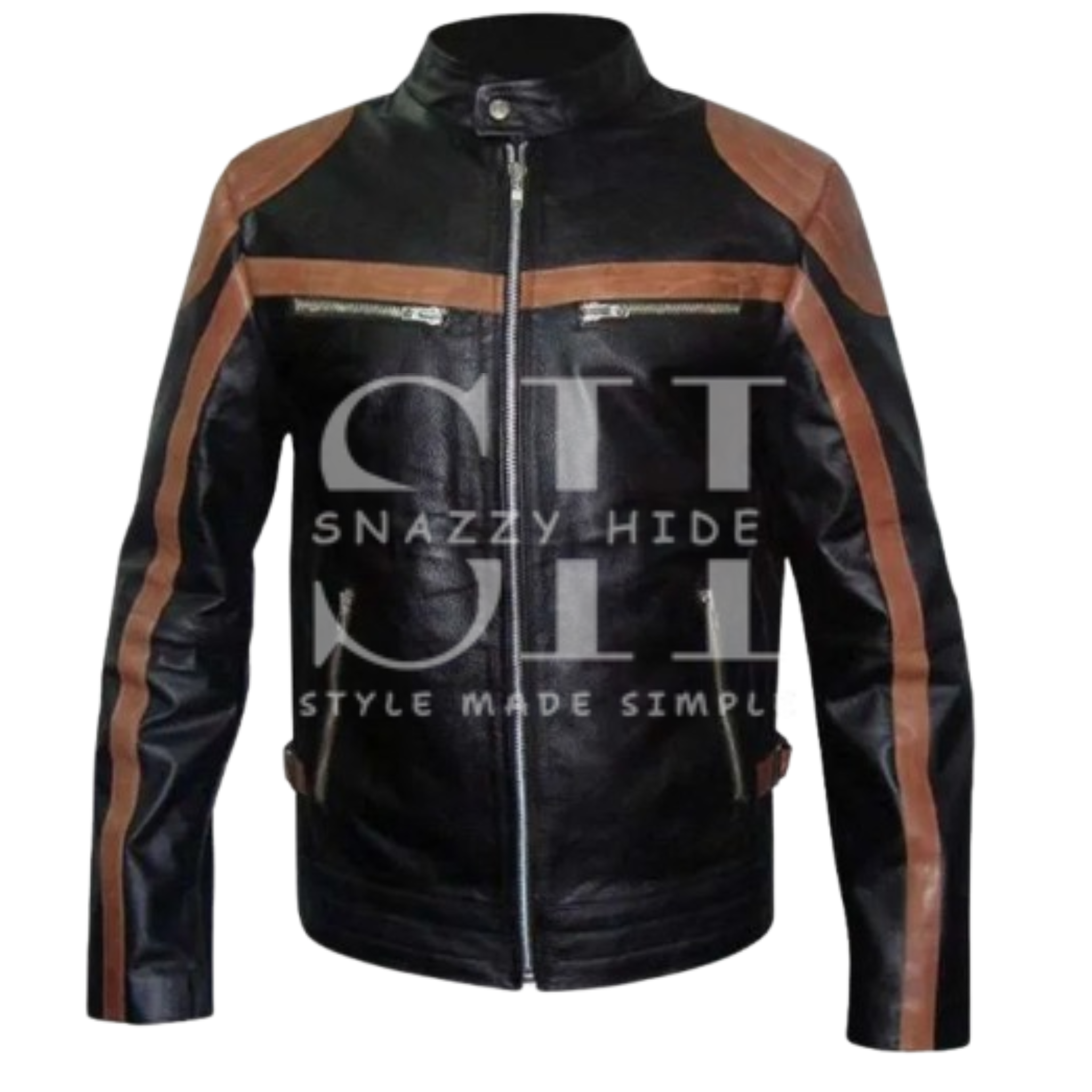 Men’s Brown Stripes Leather Moto Biker Jacket