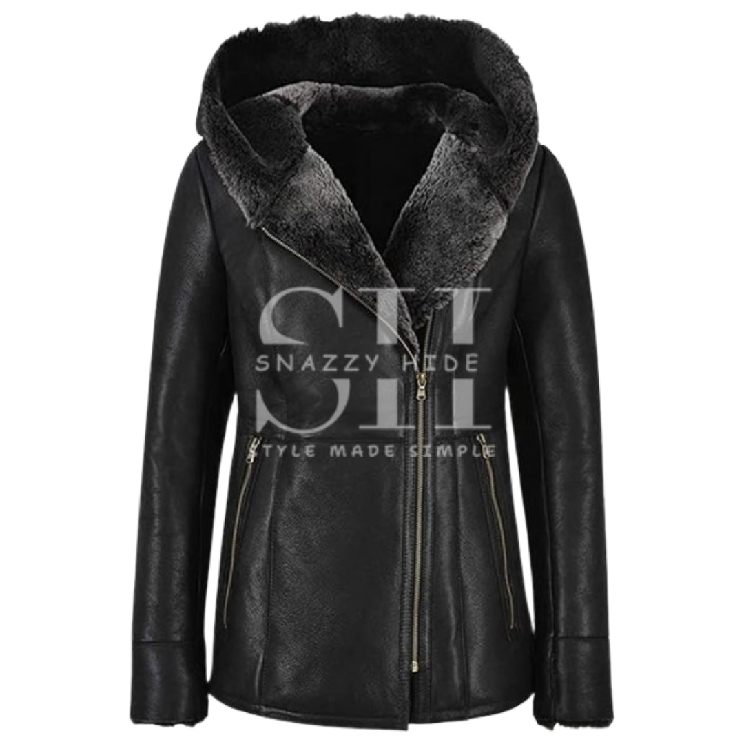 Women's Hooded Leather Sherpa Shearling Coat Jacket