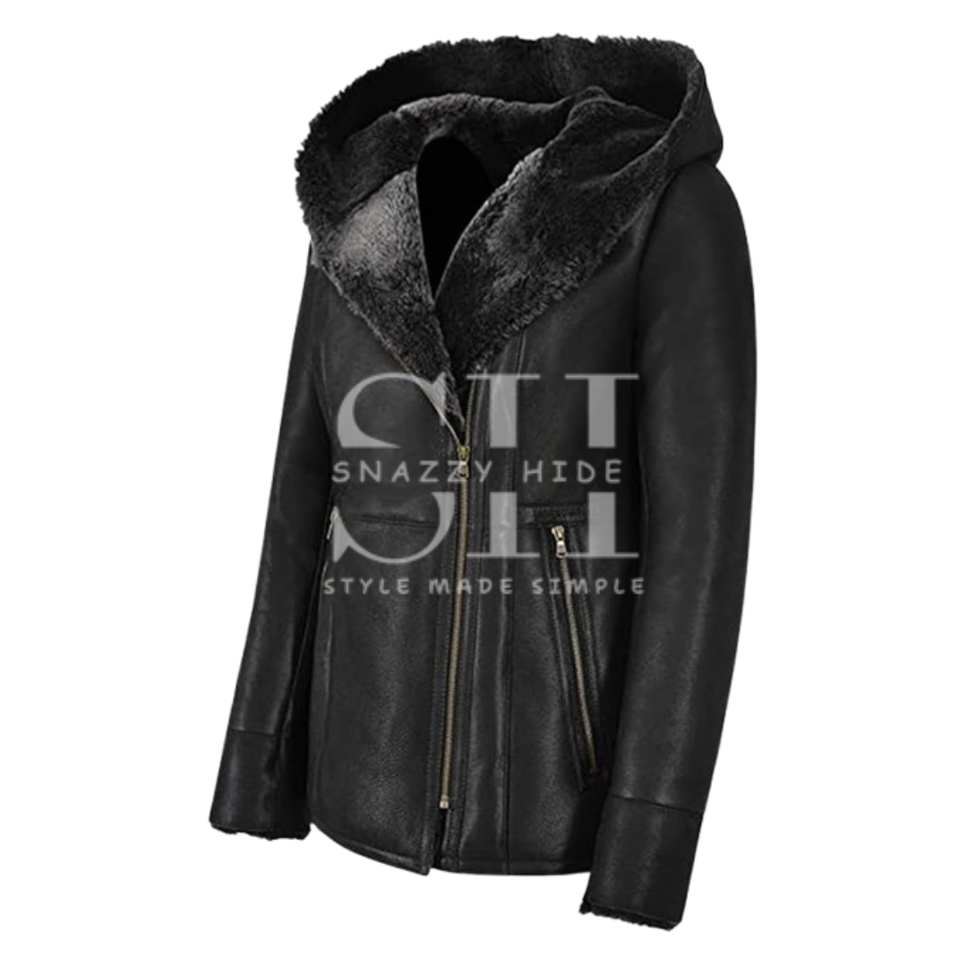 Women's Hooded Leather Sherpa Shearling Coat Jacket