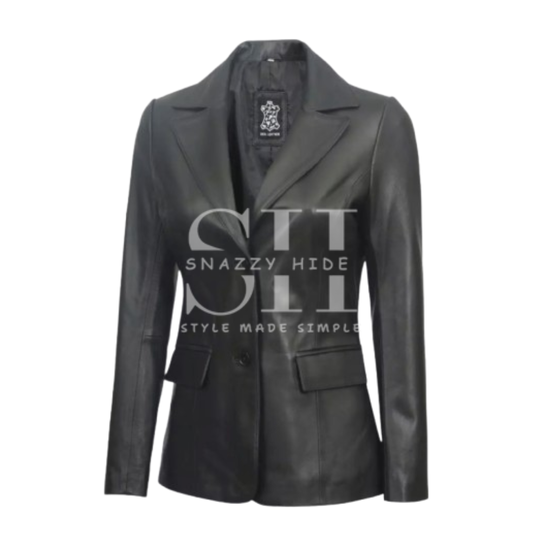 Black Leather Two-Button Blazer