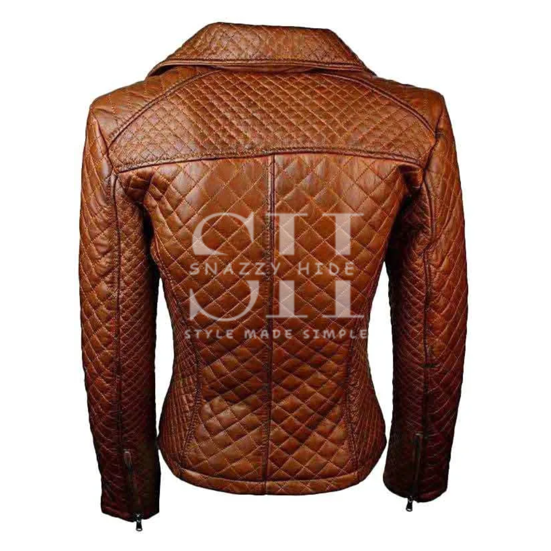 Women Quilted Sheepskin Fashion Leather Jacket Tan Brown