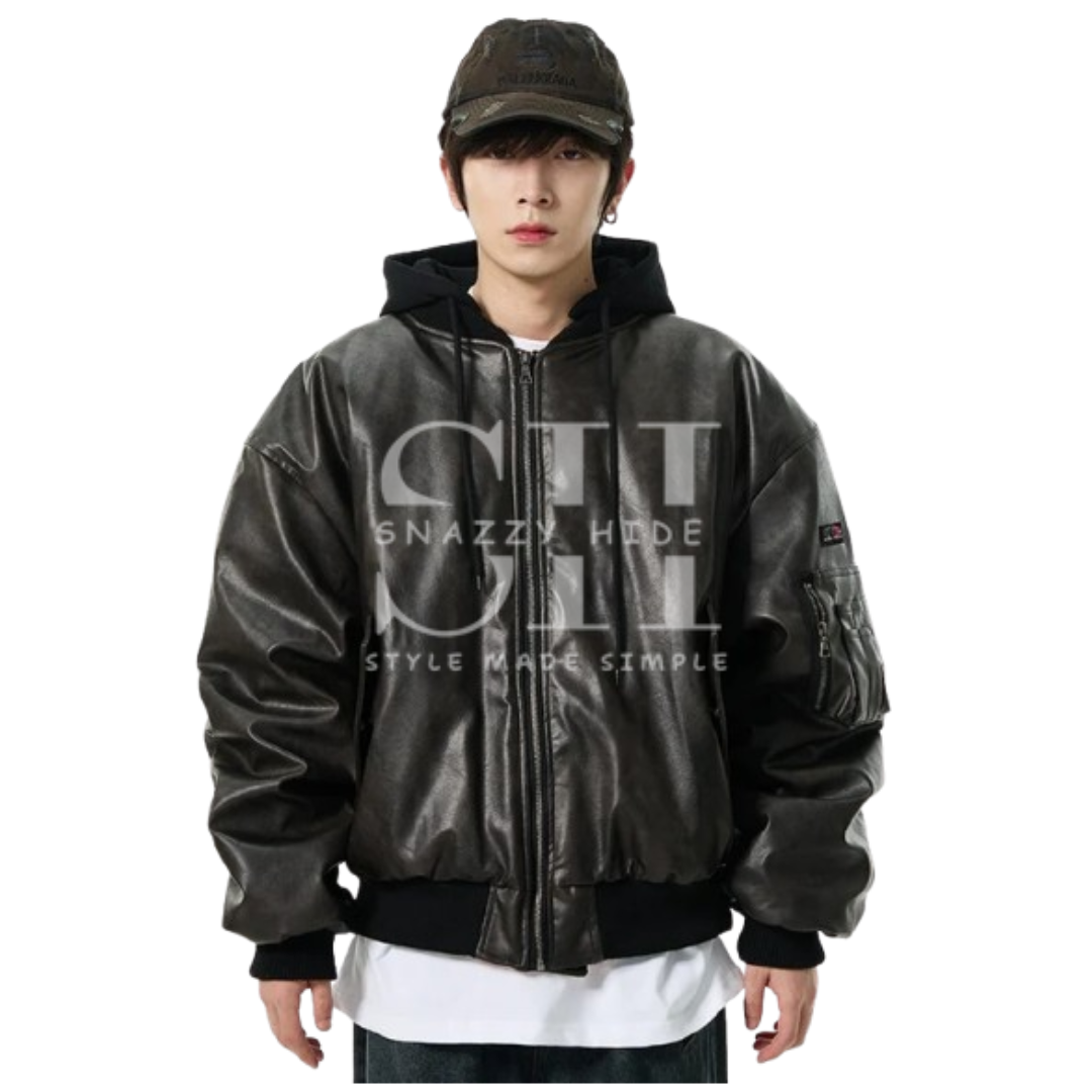 Oversized Leather Bomber Jacket with Hood