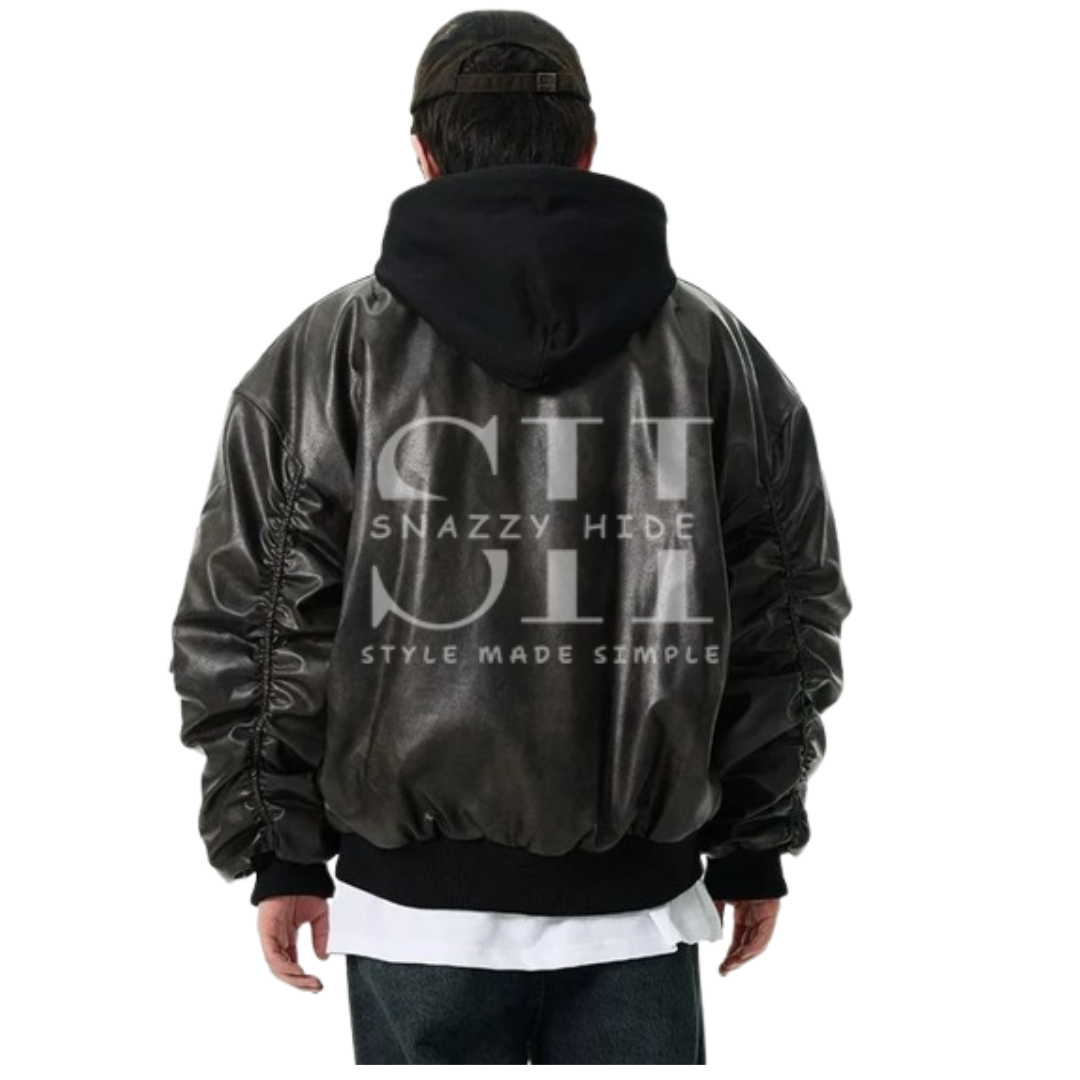 Oversized Leather Bomber Jacket with Hood