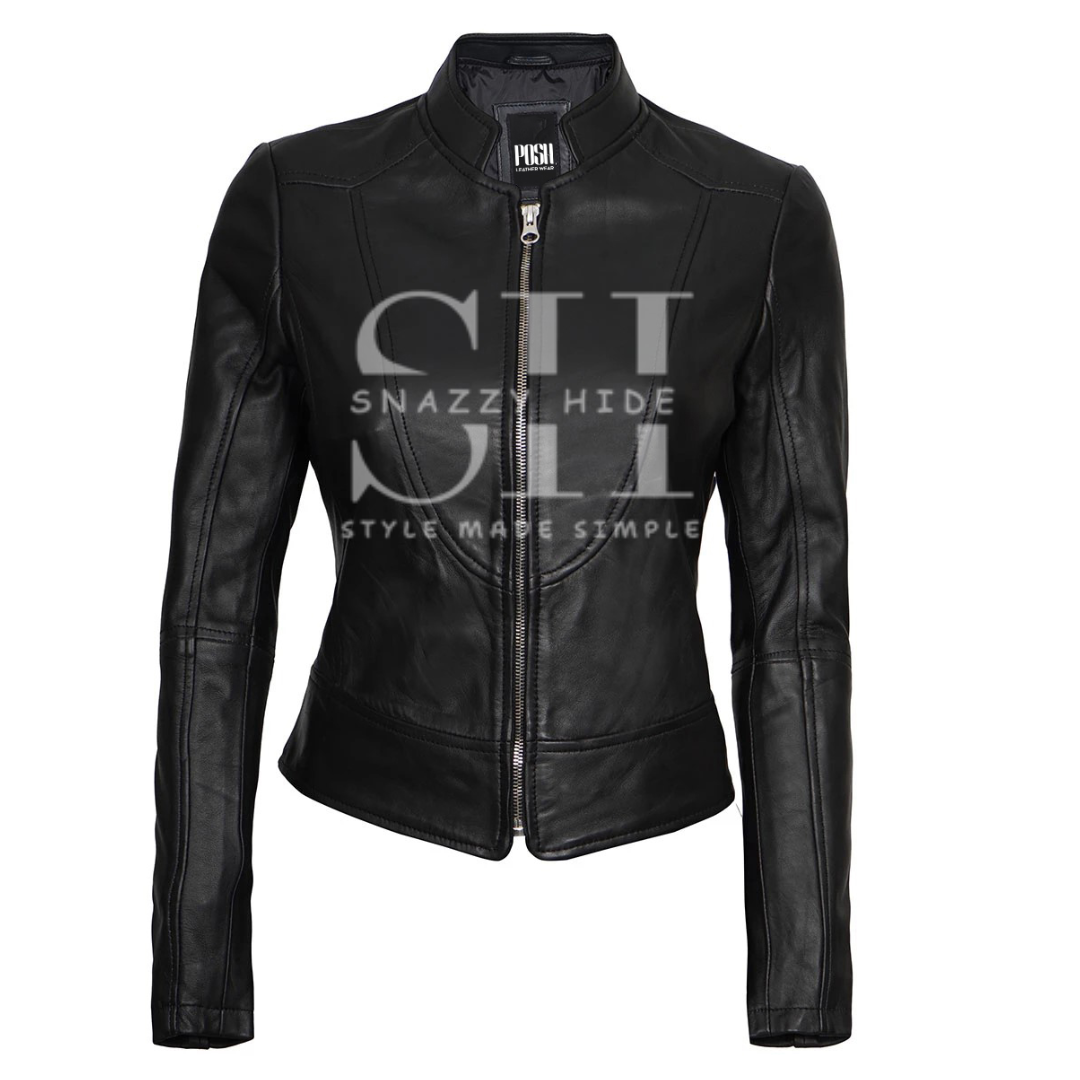 Women's Cafe Racer Leather Motorcycle Jacket Black