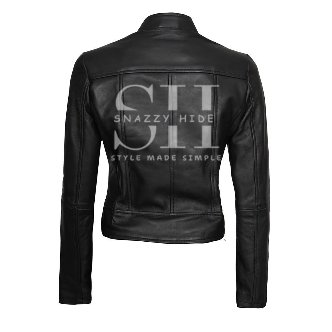 Women's Cafe Racer Leather Motorcycle Jacket Black