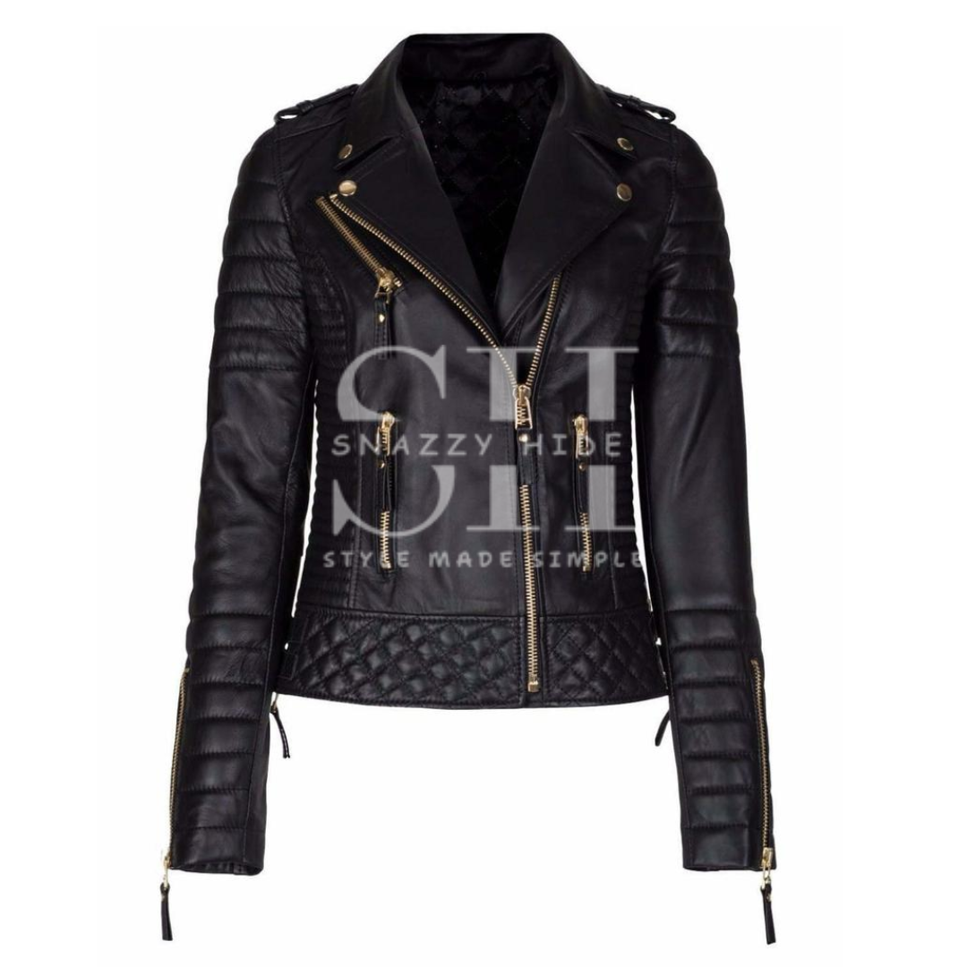 Women's Slim Fit Leather Motorcycle Jacket Black Studded