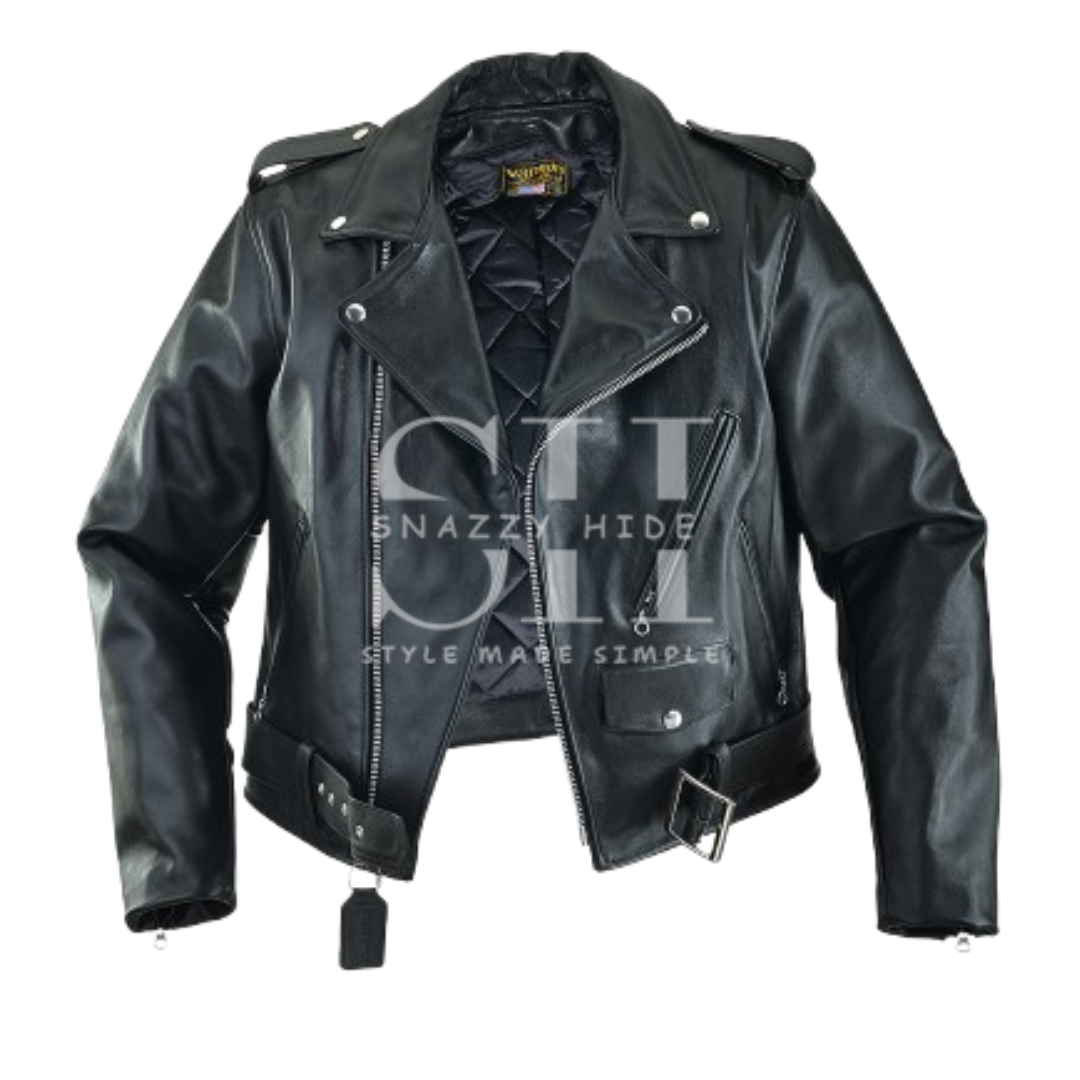 Women's Cafe Racer Leather Biker Jacket Black Cross Zipper