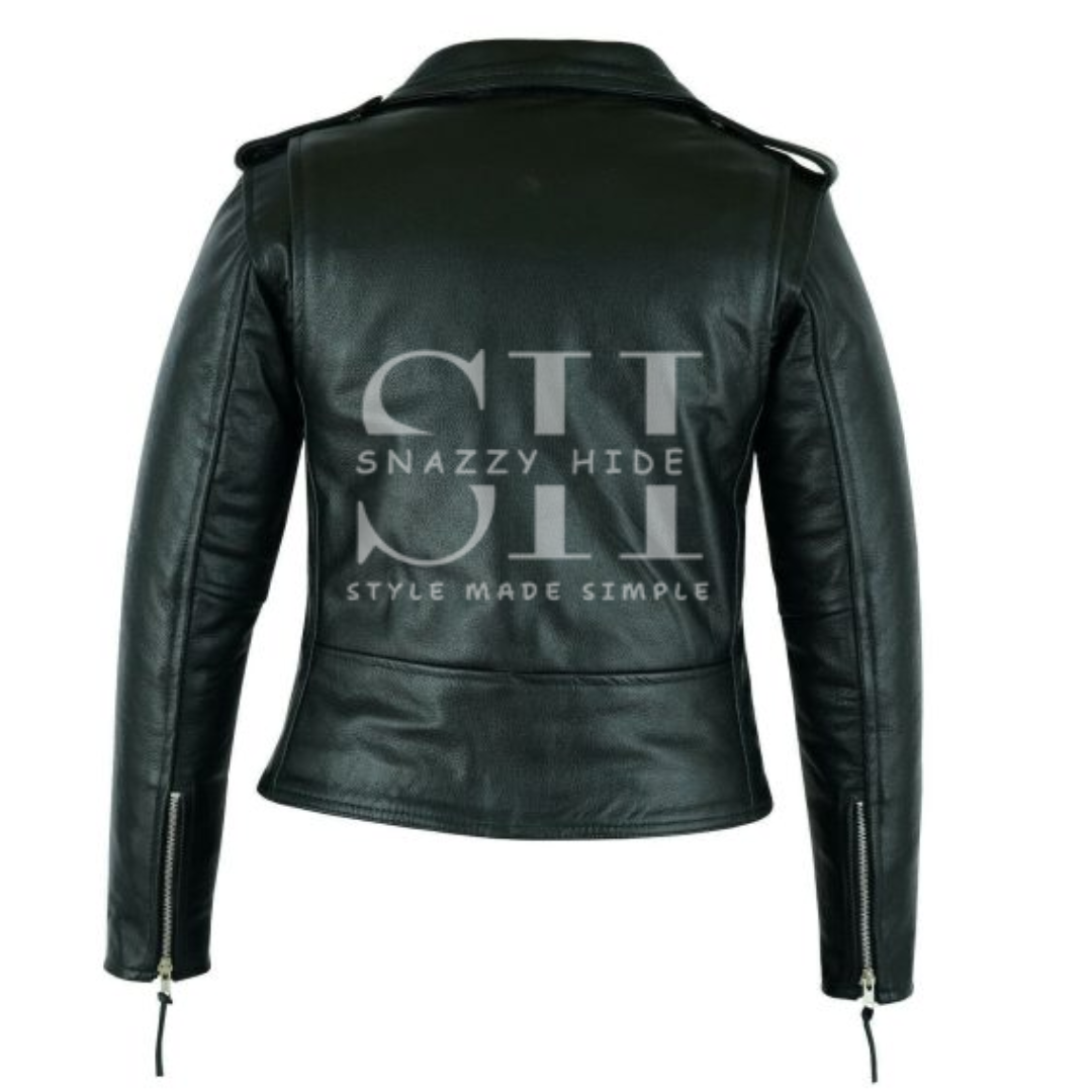 Women's Brando Style Leather Motorcycle Jacket Black