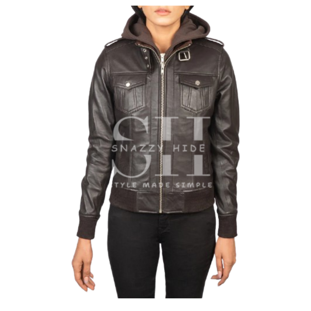 Women’s Brown Hooded Leather Bomber Jacket
