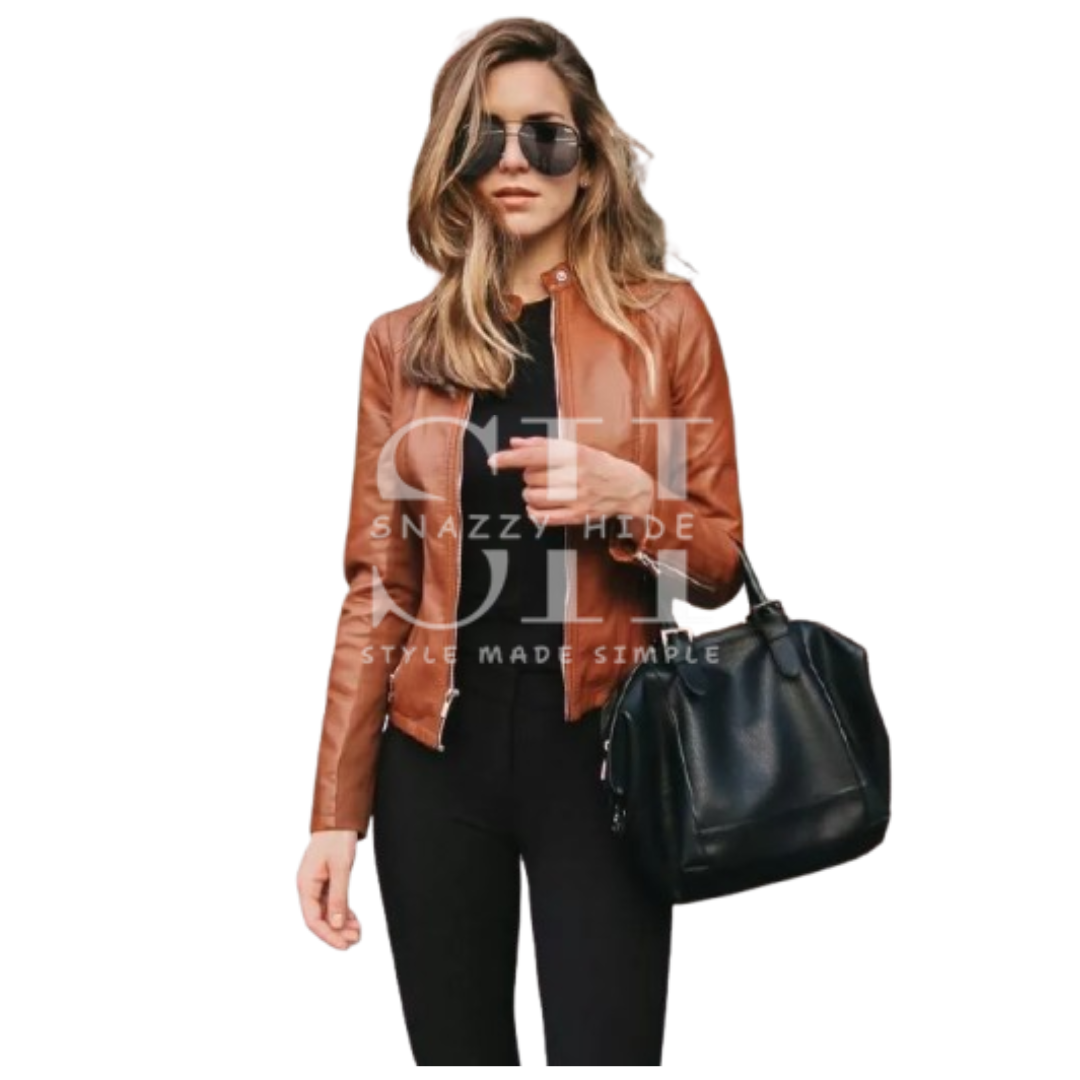 Women's Slim Fit Brown Leather Biker Jacket