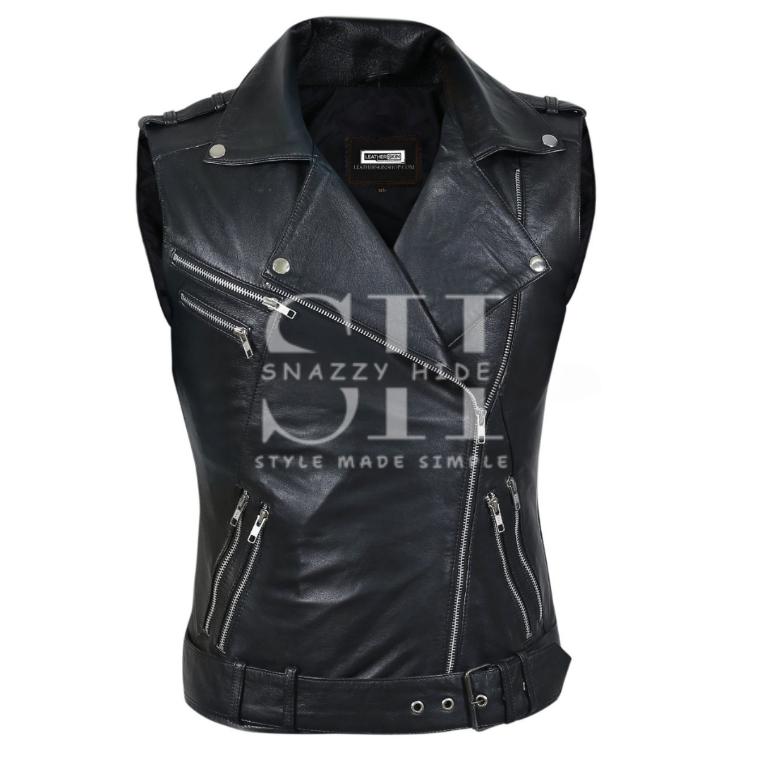 Women's Fashion Designer Leather Motorcycle Vest Black
