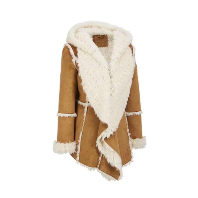 Women Brown Suede Fur Overcoat Hood