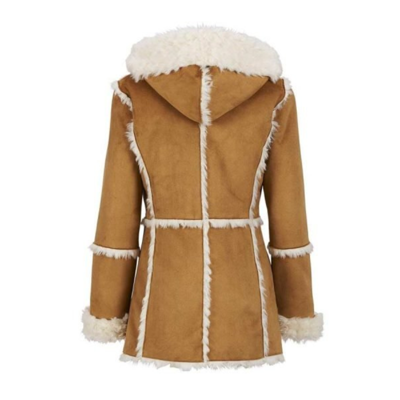 Women Brown Suede Fur Overcoat Hood