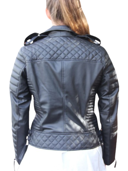 Women's Slim Fit Diamond Quilted Leather Biker Jacket Black