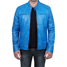 Cafe Racer Dodge Blue Leather Jacket For Men