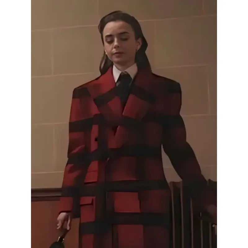 Lily Collins Emily In Paris S04 Plaid Red Twill Coat