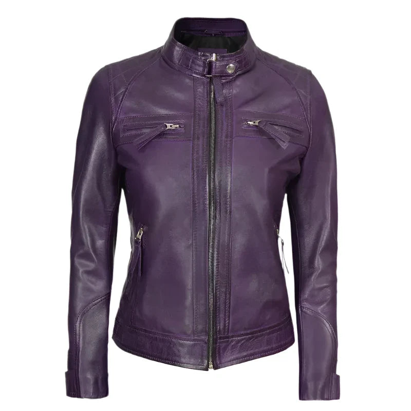 Quilted Leather Cafe Racer Jacket For Women