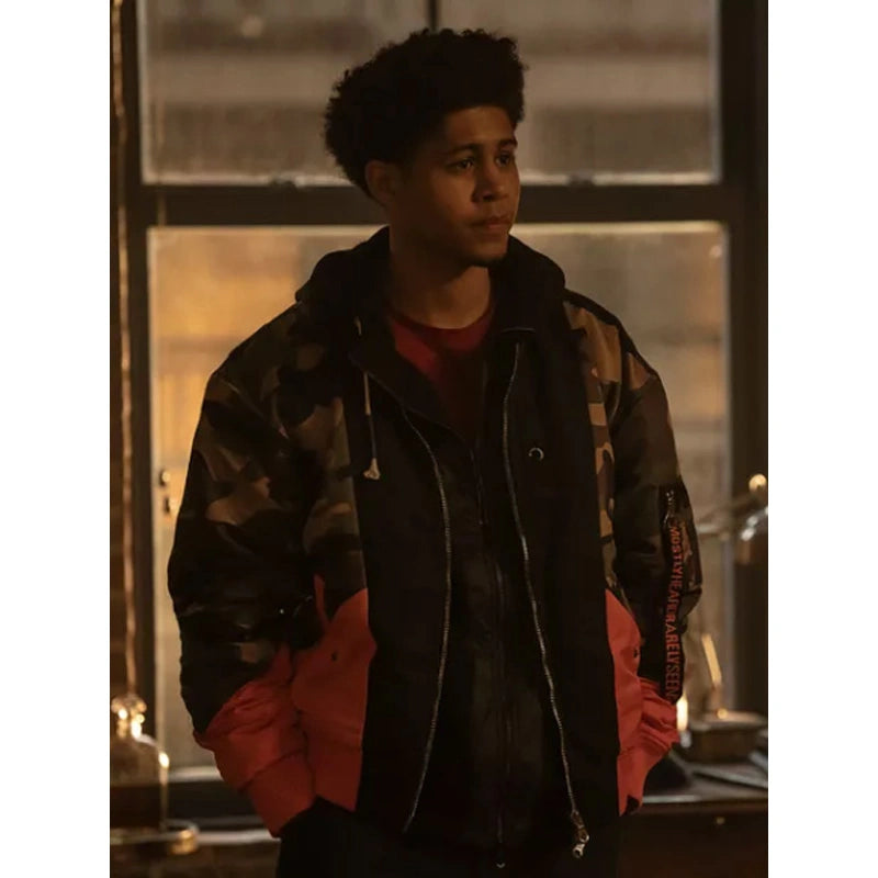 Rhenzy Feliz The Penguin Victor Aguilar Camo with Orange Flag Bomber Jacket