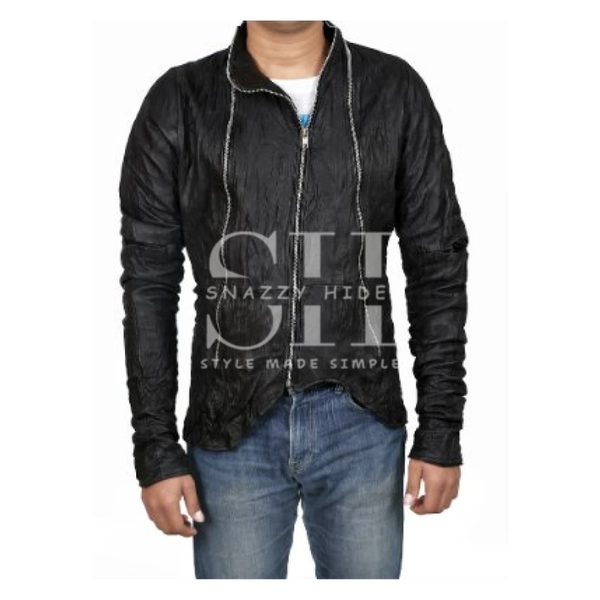 Obscured Zippered Washed Sheepskin Black Leather Jacket