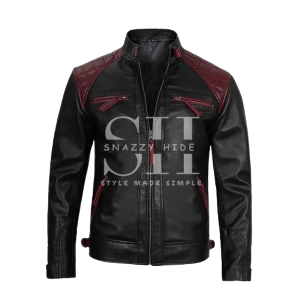 Nashville Men Burgundy Wine Stripe Black Cafe Racer Leather Jacket