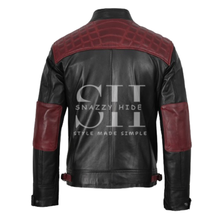 Nashville Men Burgundy Wine Stripe Black Cafe Racer Leather Jacket