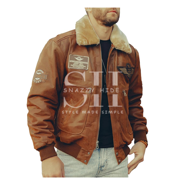 Mens's Aviator Style Leather Jacket With Removable Fur Collar