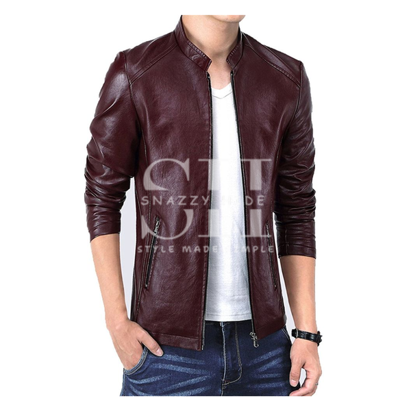 Mens Vintage Stand Collar Leather Jacket