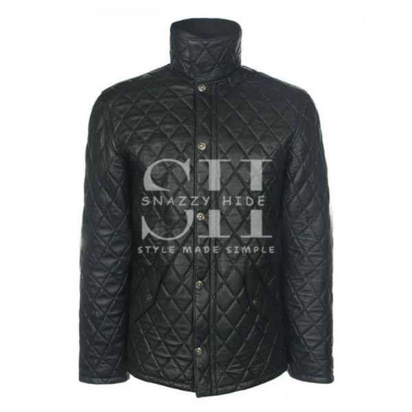 Mens Quilted Black Leather Bomber Jacket