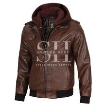 Mens Hooded Long Sleeves Brown Leather Jacket