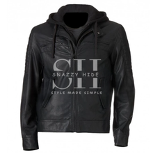 Mens Hooded Black Faux Leather Moto Jacket