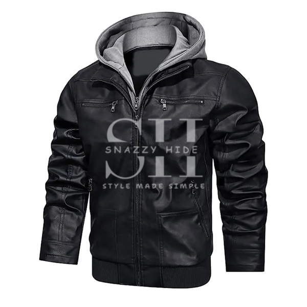 Mens Faux Leather Jacket With Removable Hood