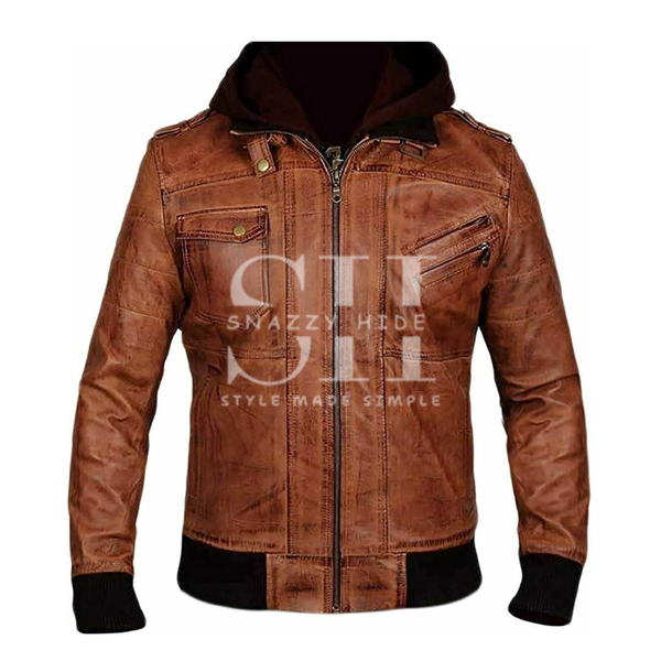 Mens Brown Hooded Leather Jacket