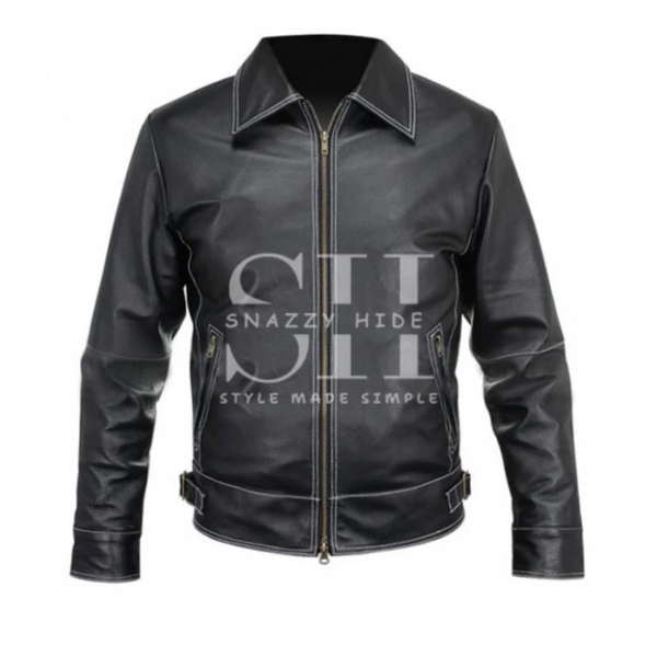Mens Black Leather Stitched Jacket