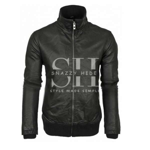 Mens Black Leather Retro Bomber Jacket