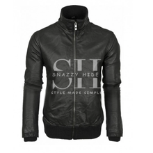 Mens Black Leather Retro Bomber Jacket