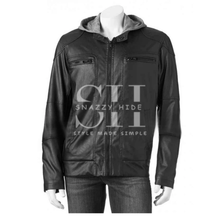 Mens Black Hoodie Faux Leather Moto Jacket
