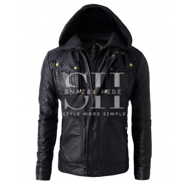 Mens Black Faux Leather Jacket with Hood