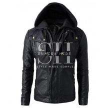 Mens Black Faux Leather Jacket with Hood