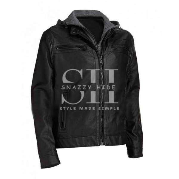 Mens Black Faux Leather Hooded Jacket