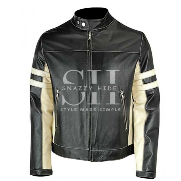 Mens Black Biker Jacket with Stripes