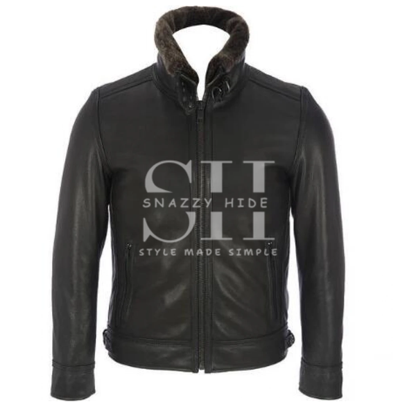 Mens Leather Mens Bomber Leather Jacket Detachable Faux-Fur Collar