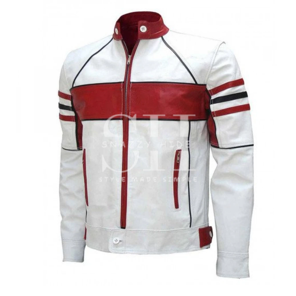 Men's Stylish White & Red Biker Leather Jacket