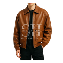 Men’s Oversized Front Pockets Brown Leather Bomber Jacket