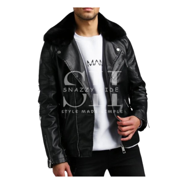 Mens Leather Biker Jacket With Fur Collar