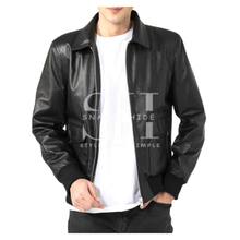 Mens Shirt Collar Black Bomber Leather Jacket