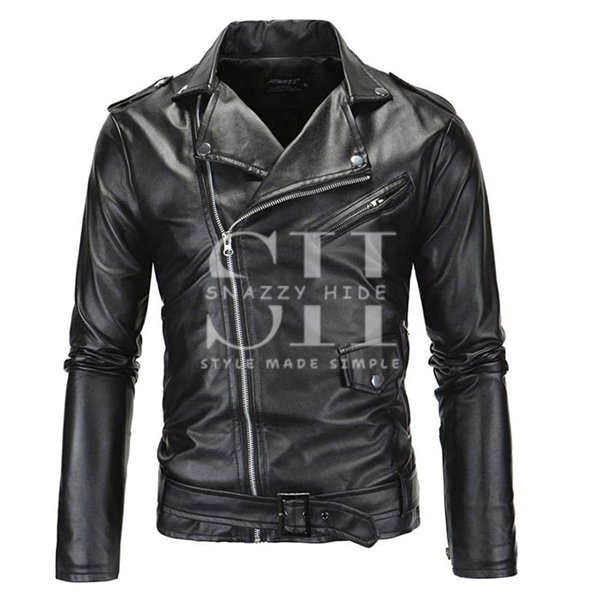 Slim Fit Belted Rider Black Jacket