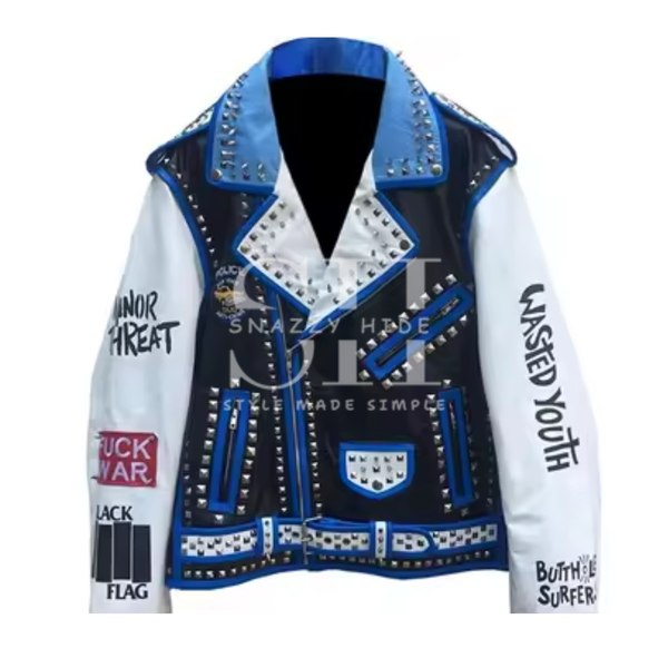 Silver Studded White And Blue Biker Jacket