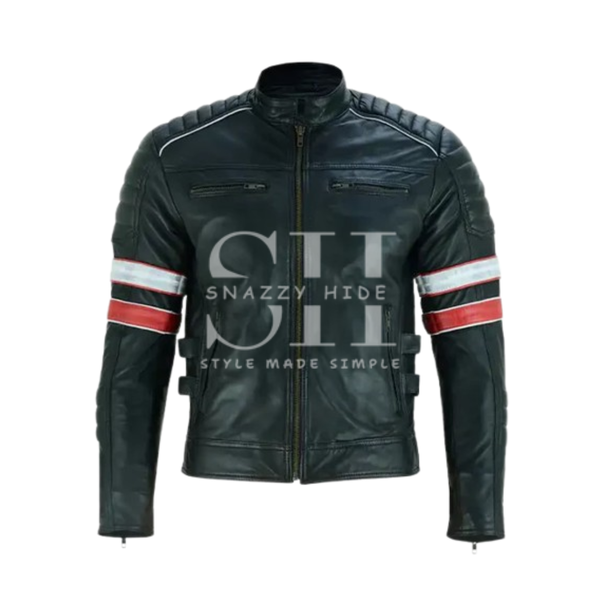Richmond Premium Black Red and White Striped Men Retro Racing Leather Jacket