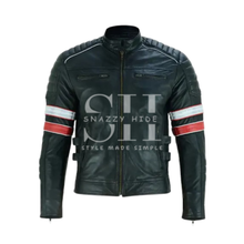 Richmond Premium Black Red and White Striped Men Retro Racing Leather Jacket